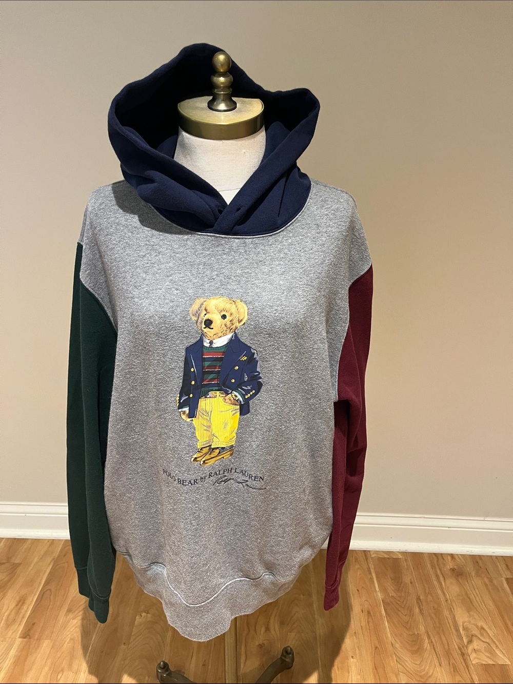 Polo Bear by Ralph Lauren Grey Hoodie Navy hood green and  Burgundy Sleeves L